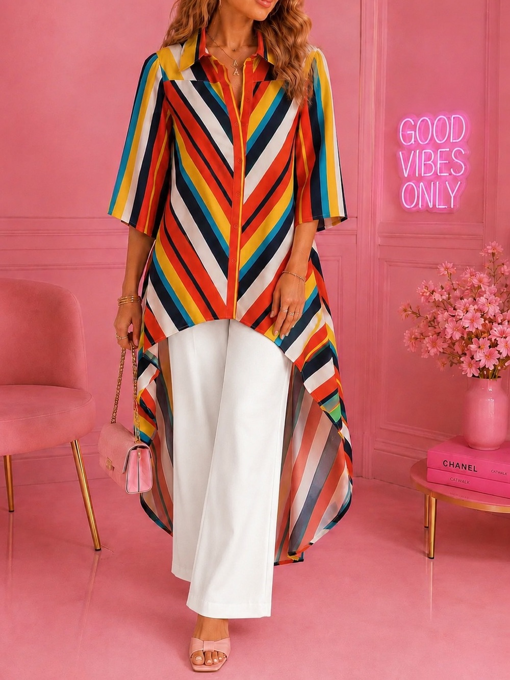 MASSEYS Colorful Chevron Stripe High-Low Button Up Tunic Shirt dress size 2x